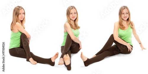 Horizontal assembly of the three angles of a girl practicing yog