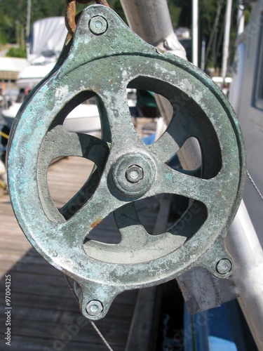 Hanging pulley and rope yacht detail. Pender Harbour on Sunshine Coast, BC, Canada photo