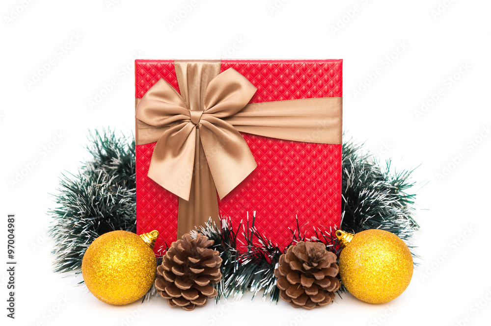 present box with christmas decoration on a white background present box with christmas decoration on a white background