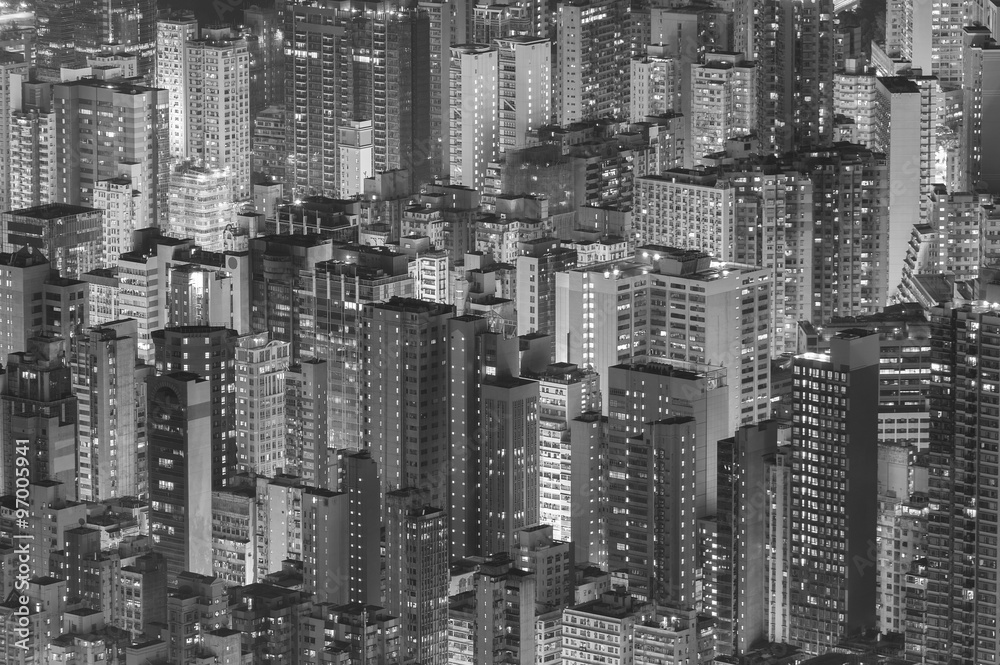 Aerial view of Hong Kong City in black and white