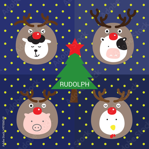 RUDOLPH
farm animals costumed with reindeer celebrate around Christmas tree.