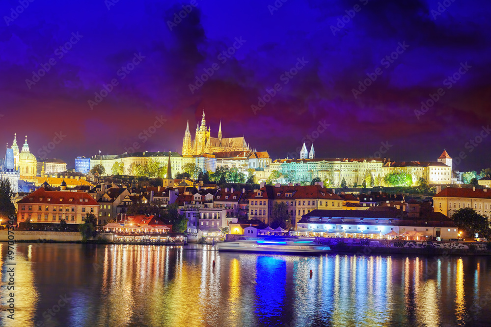 View of Prague Castle famous historic bridge that crosses the Vl