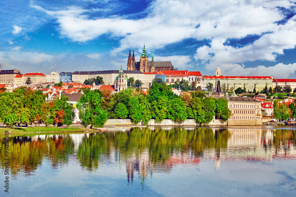 View of Prague Castle from waterfront  Vltava river in Prague.Cz