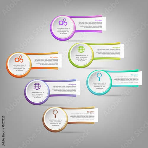 Colorful infographics template with 6 steps, options or parts. For infographic, banner, poster, web design, brochure, presentation. Vector illustration