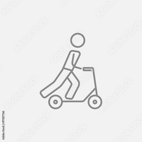 Man riding kick scooter line icon.