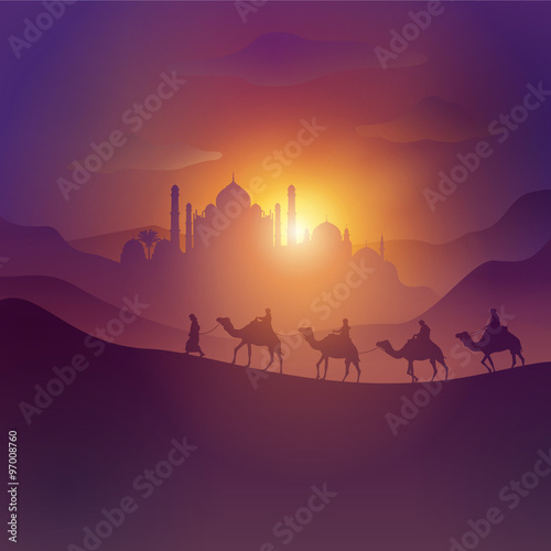 Desert arabic landscape illustration with mosque arabian and camel for islamic banner background Eid Mubarak