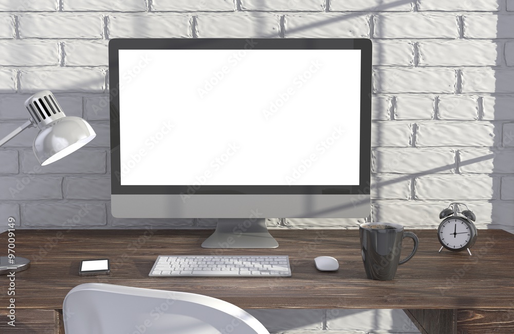 Fototapeta premium 3D illustration PC screen on table in office, Workspace