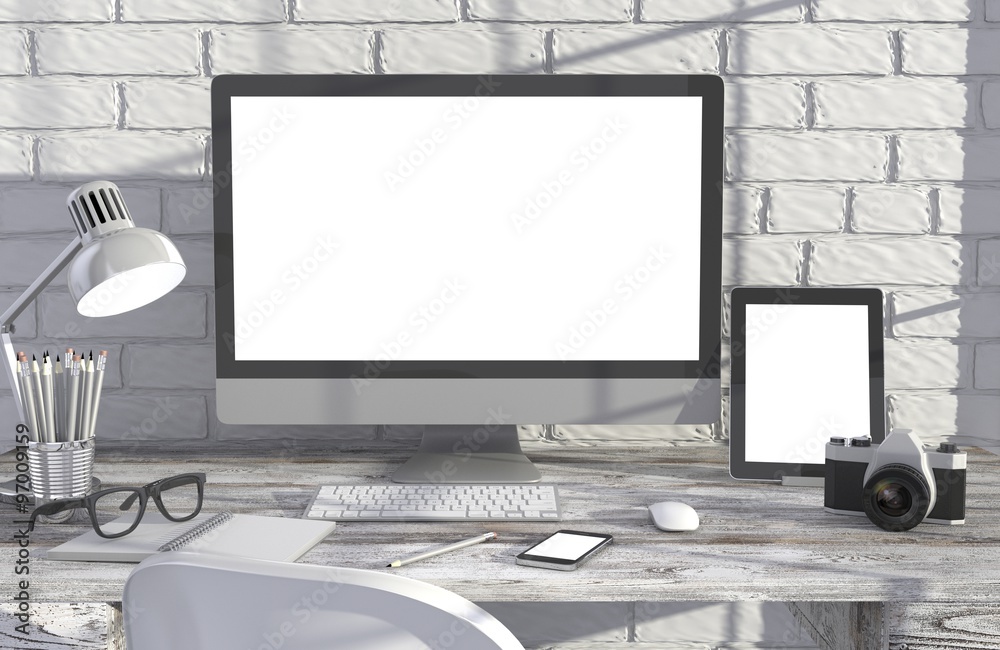 Fototapeta premium 3D illustration PC screen on table in office, Workspace