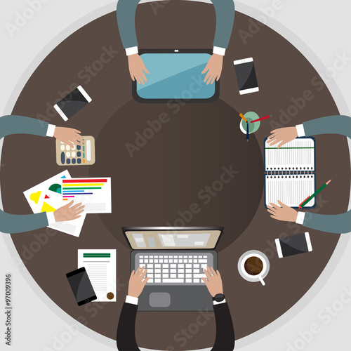  Business meeting and brainstorming roundtable. Sleek design.