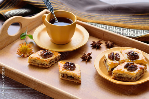 Tea and baklava with walnuts