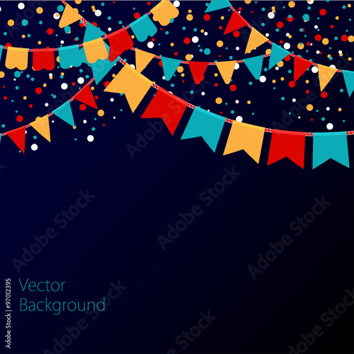 Vector illustration of night sky with colorful flags garlands. Holiday background with place for text