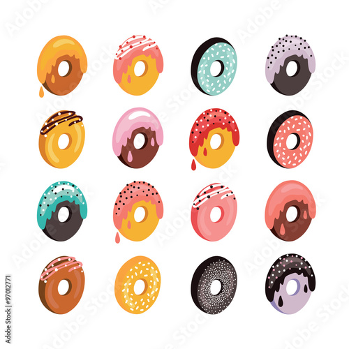 Delicious donut icon set Sweet dessert flat isometric 3d design