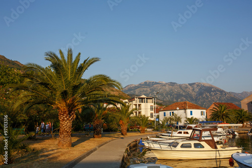 Boats and yachts in the harbor  beautiful summer landscape. Tivat marina  Montenegro.