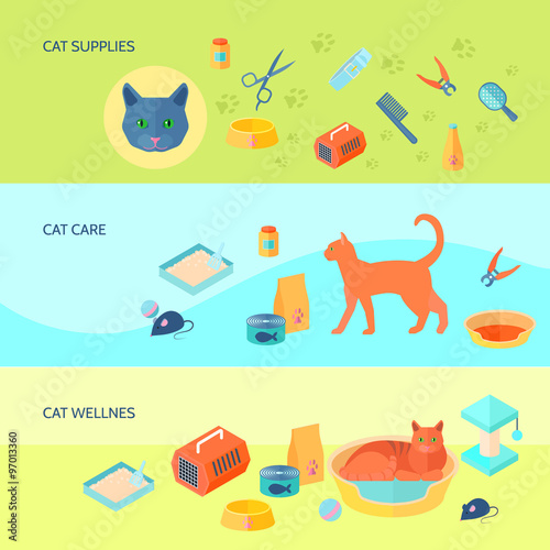 Cats 3 horizontal flat banners set 