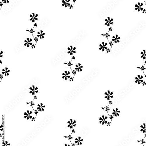 Ornate seamless pattern with small black flowers on white background.
