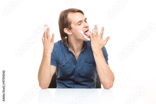 Canvas Print man stained ice cream. isolated on white background