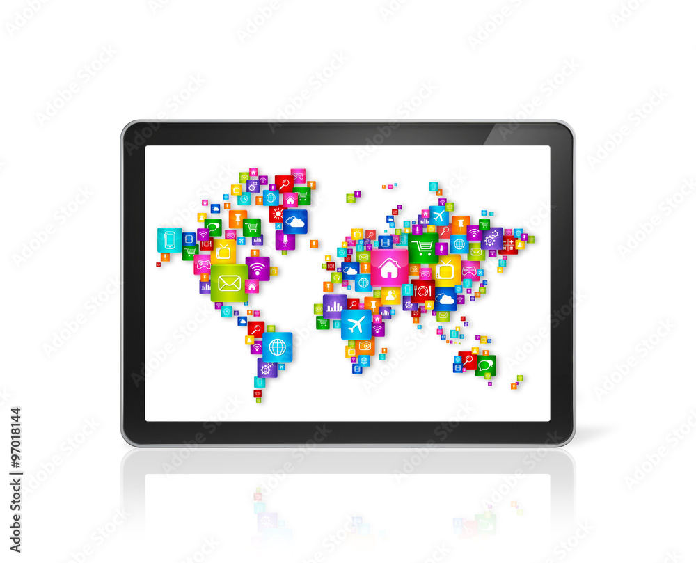 World map made of icons on digital Tablet PC. Cloud computing co World map made of icons on digital Tablet PC. Cloud computing co