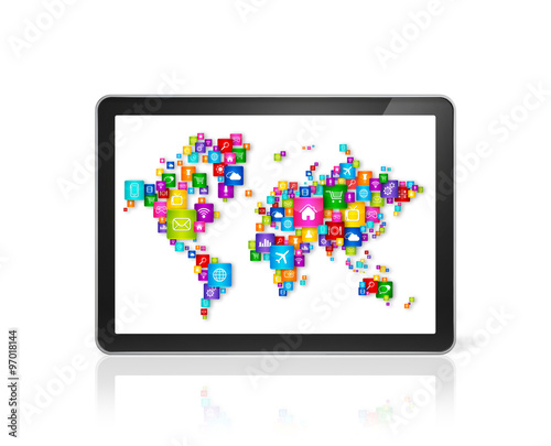 World map made of icons on digital Tablet PC. Cloud computing co