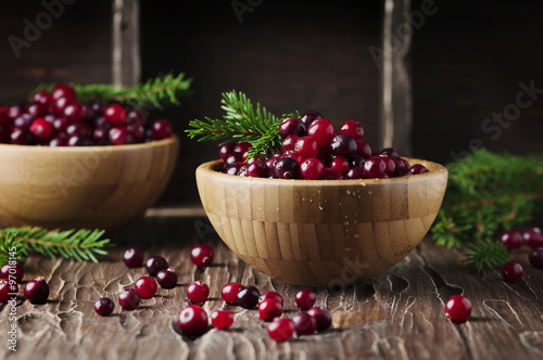 Fresh red cranberry on the vintage table