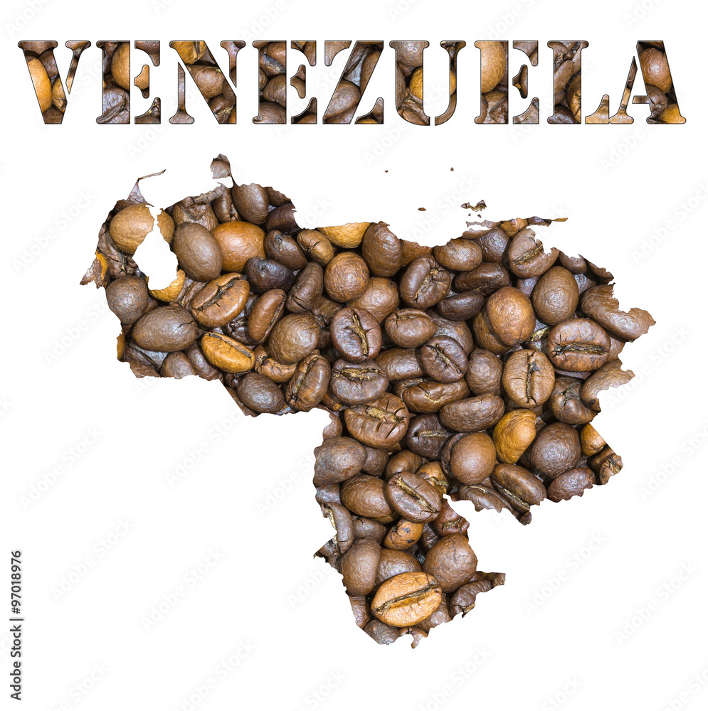 Fototapeta premium Venezuela word and country map shaped with coffee beans background