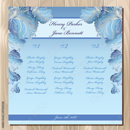Table guest list. Vector background peacock feathers. Wedding design template.