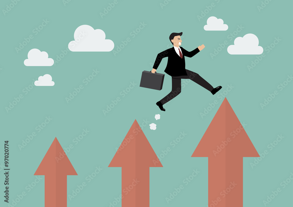Businessman jumping up to a higher arrow Businessman jumping up to a higher arrow