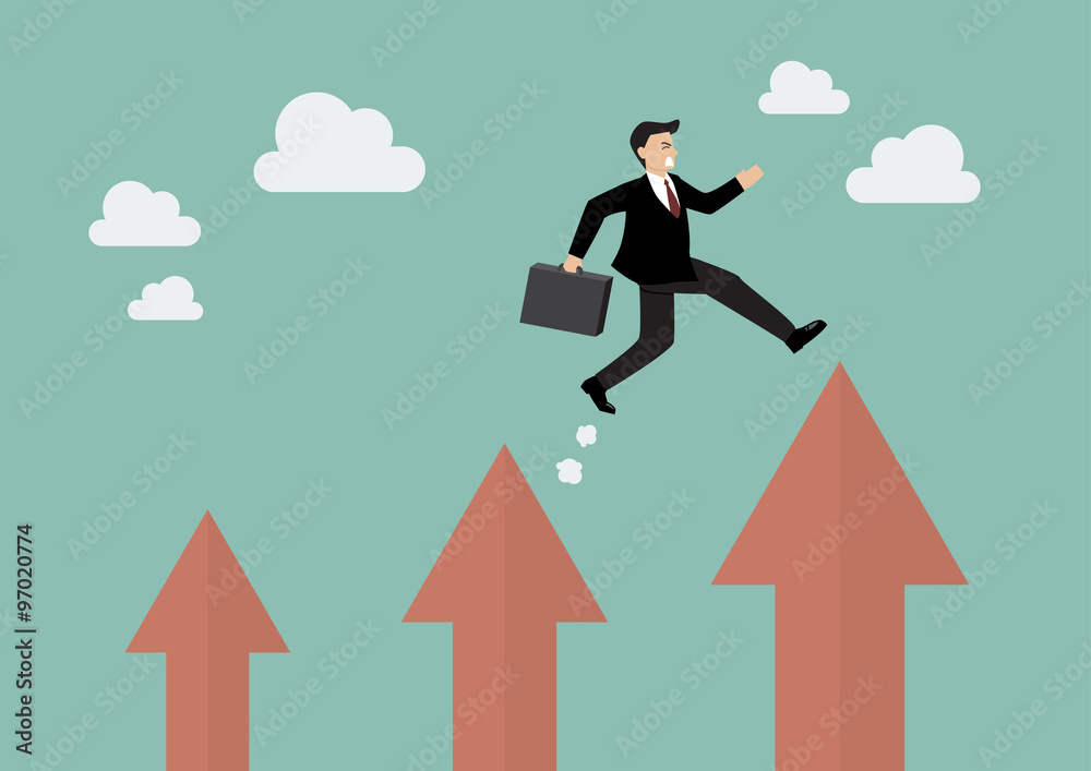 Businessman jumping up to a higher arrow