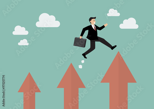 Businessman jumping up to a higher arrow