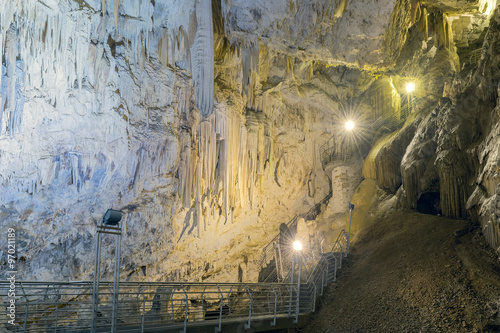 Cave in Antiparos island in Greece with stalactites and stalagmites.