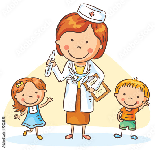 Cartoon doctor with happy little children, a boy and a girl