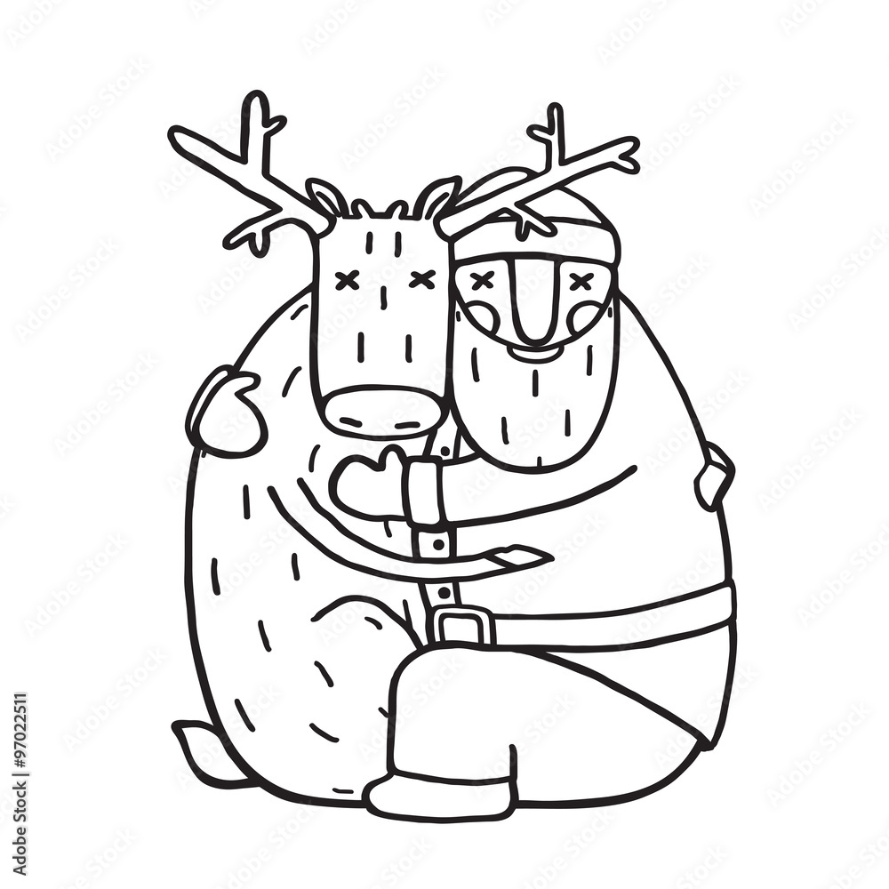 Santa Claus Hug with Deer Outline Flat Design