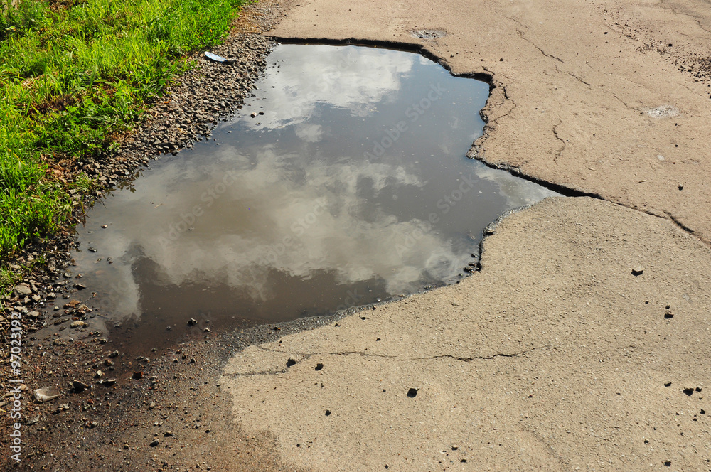 Close up on Puddle. Pot hole or pothole image of a broken cracked ...