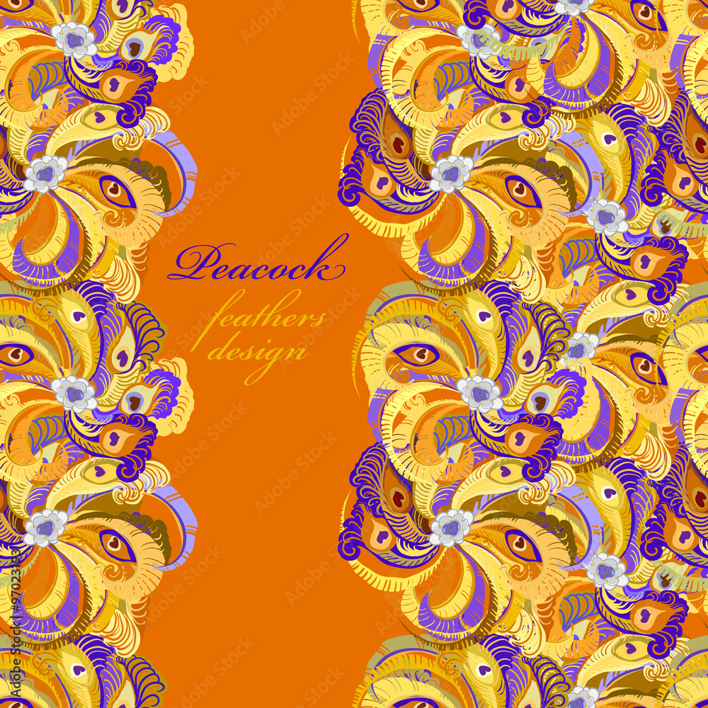 Orange peacock feathers pattern background. Text place. - obrazy, fototapety, plakaty 