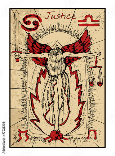 The tarot card in color. Justice