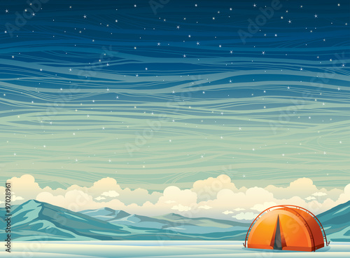 Winter landscape - travel tent and mountains at night sky.