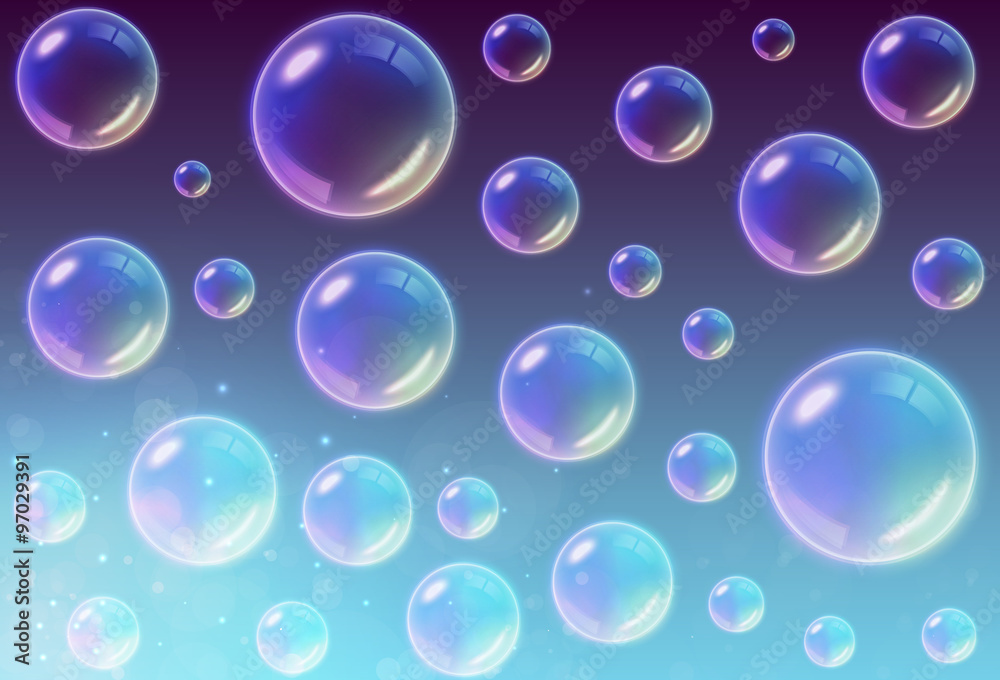 Transparent Multicolored Soap Bubbles background. Vector illustration