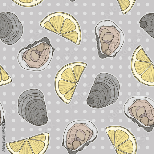 Seafood background seamless texture with lemon and  oyster