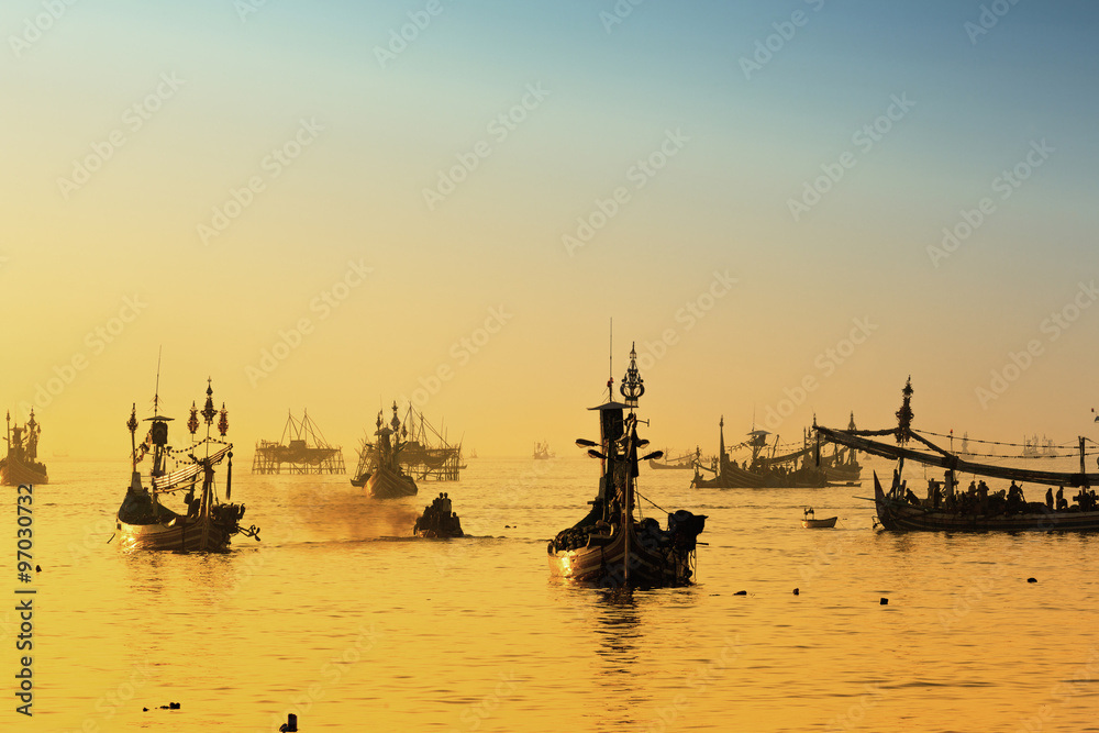 Fototapeta premium Fishing boats in Muncar, a fishing village in east Java,Banyuvangi
