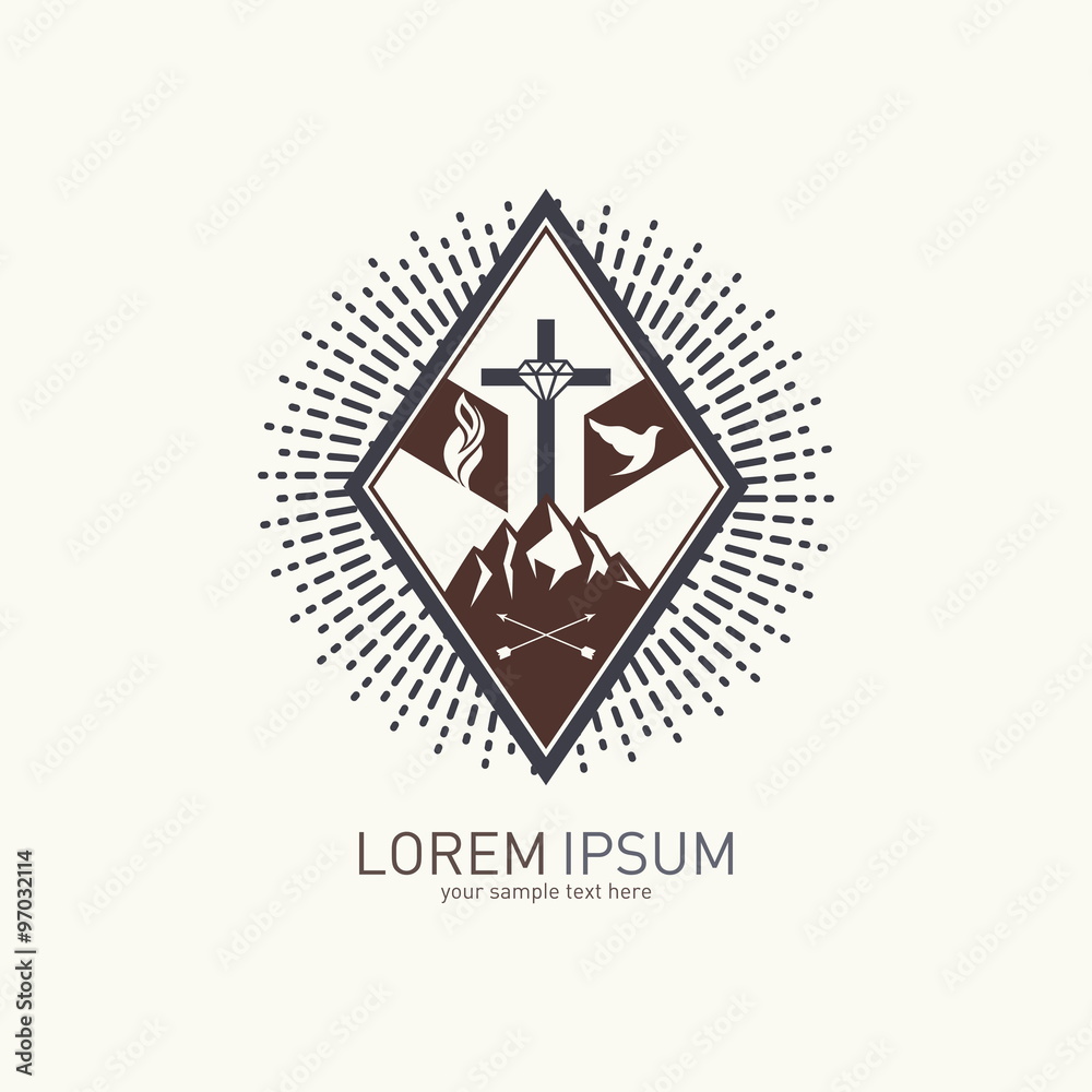 Church logo. Mountains, cross, dove and flame Church logo. Mountains, cross, dove and flame