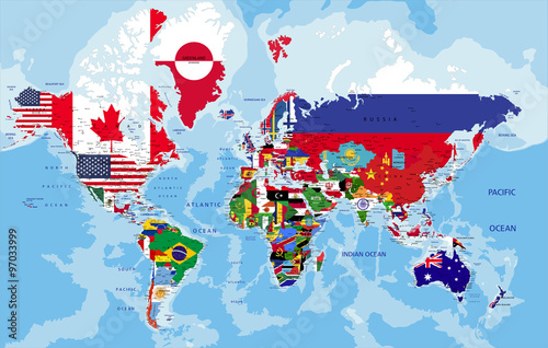 Political world map with country flags.