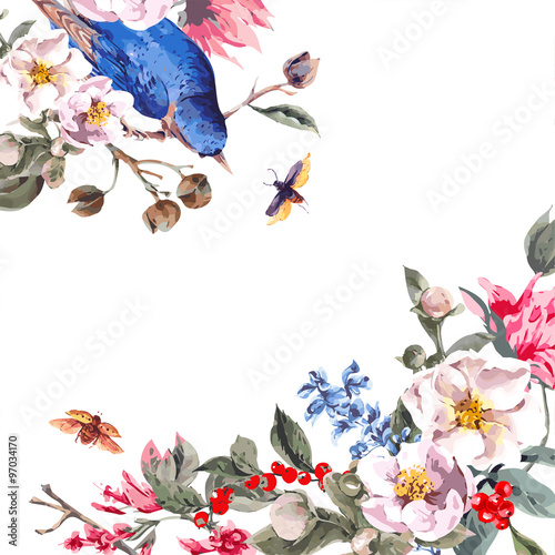 Vintage Greeting Card with Pink Flowers  Beetles and Birds