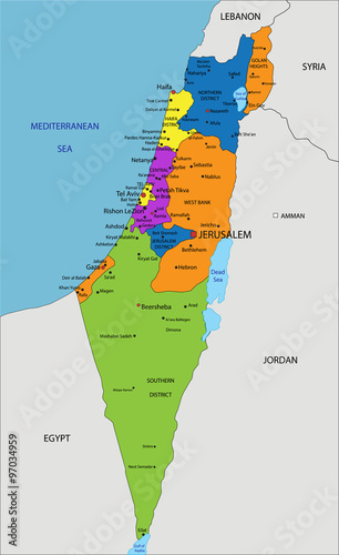 Colorful Israel political map with clearly labeled, separated layers. Vector illustration.