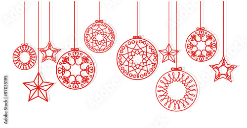 Christmas balls and stars hanging on white background vector.