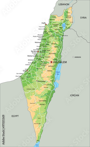 High detailed Israel physical map with labeling.