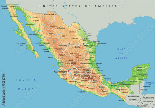 High detailed Mexico physical map with labeling.