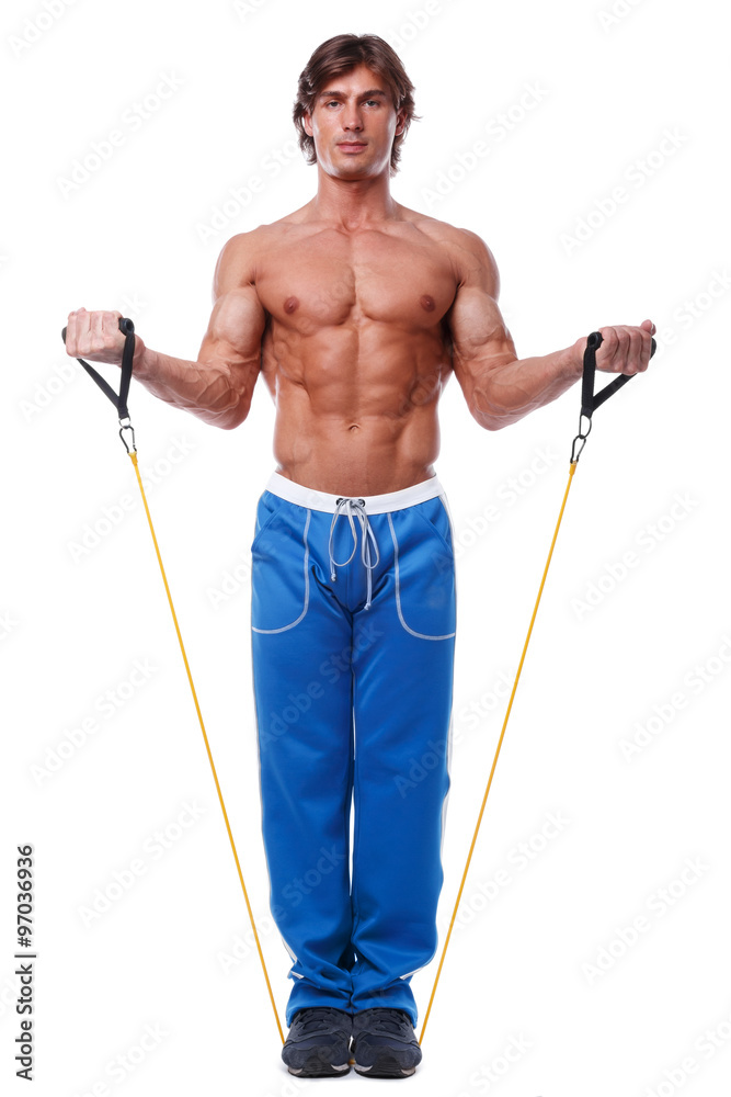 Handsome guy working out with rubber band Handsome guy working out with rubber band