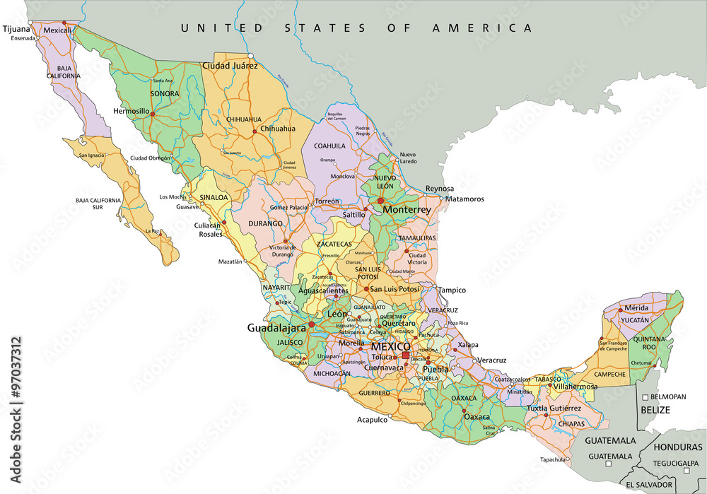 Mexico - Highly detailed editable political map with labeling. Stock ...