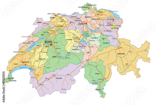 Switzerland - Highly detailed, editable political map with labeling.