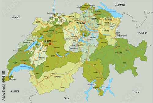 Highly detailed, editable political map with separated layers. Switzerland.