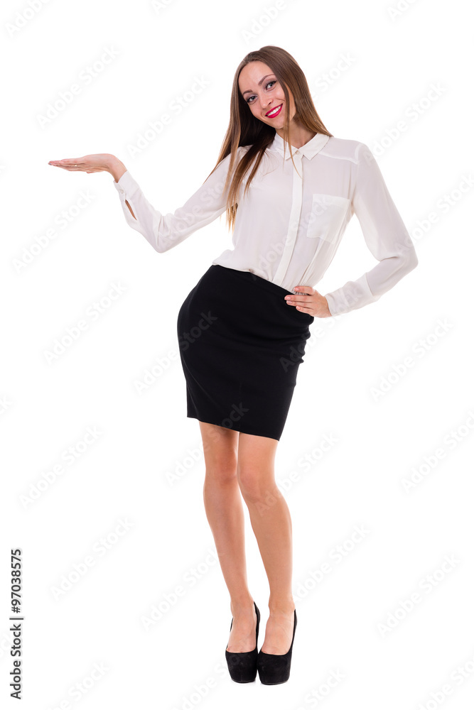 Full length of beautiful business woman standing over white background with copy space Full length of beautiful business woman standing over white background with copy space